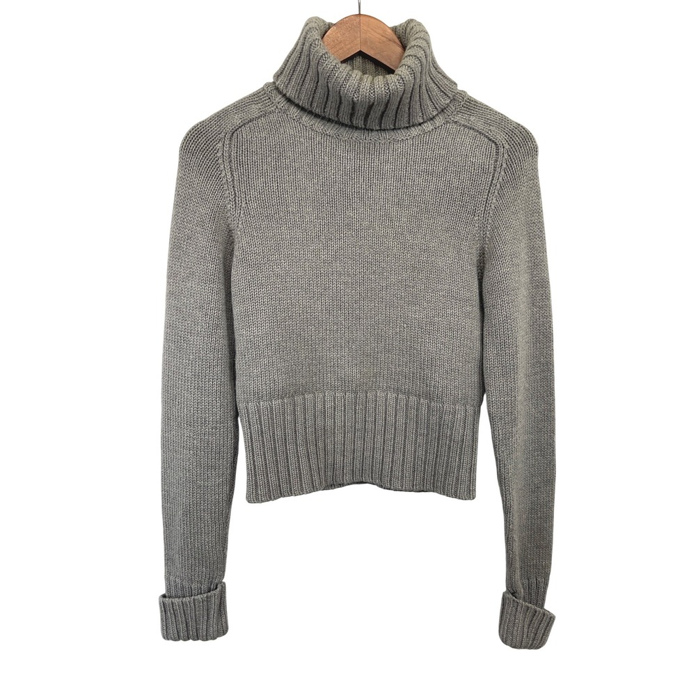 Theory Turtleneck Wool Sweater M Gray Chunky Cropped Capsule Classic Minimalist